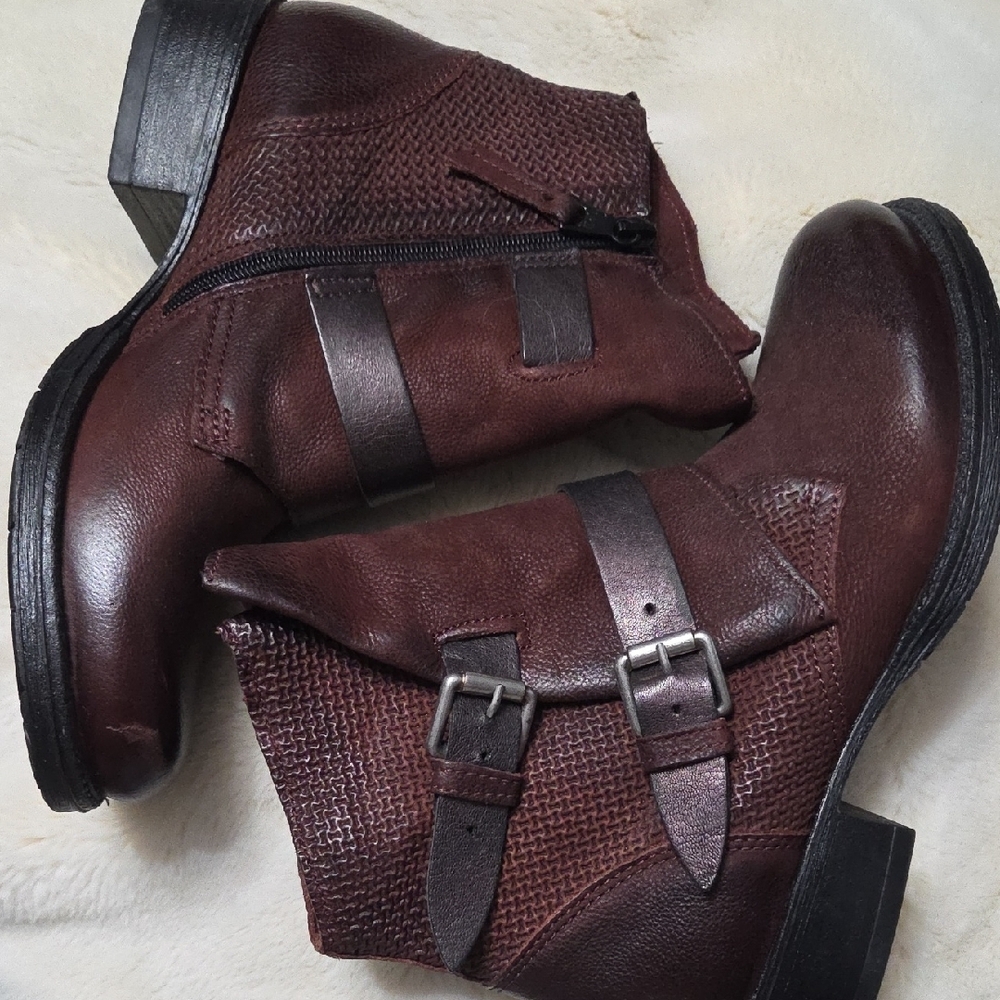 Miz Mooz Red and Brown Ankle Booties with Textured Fabric